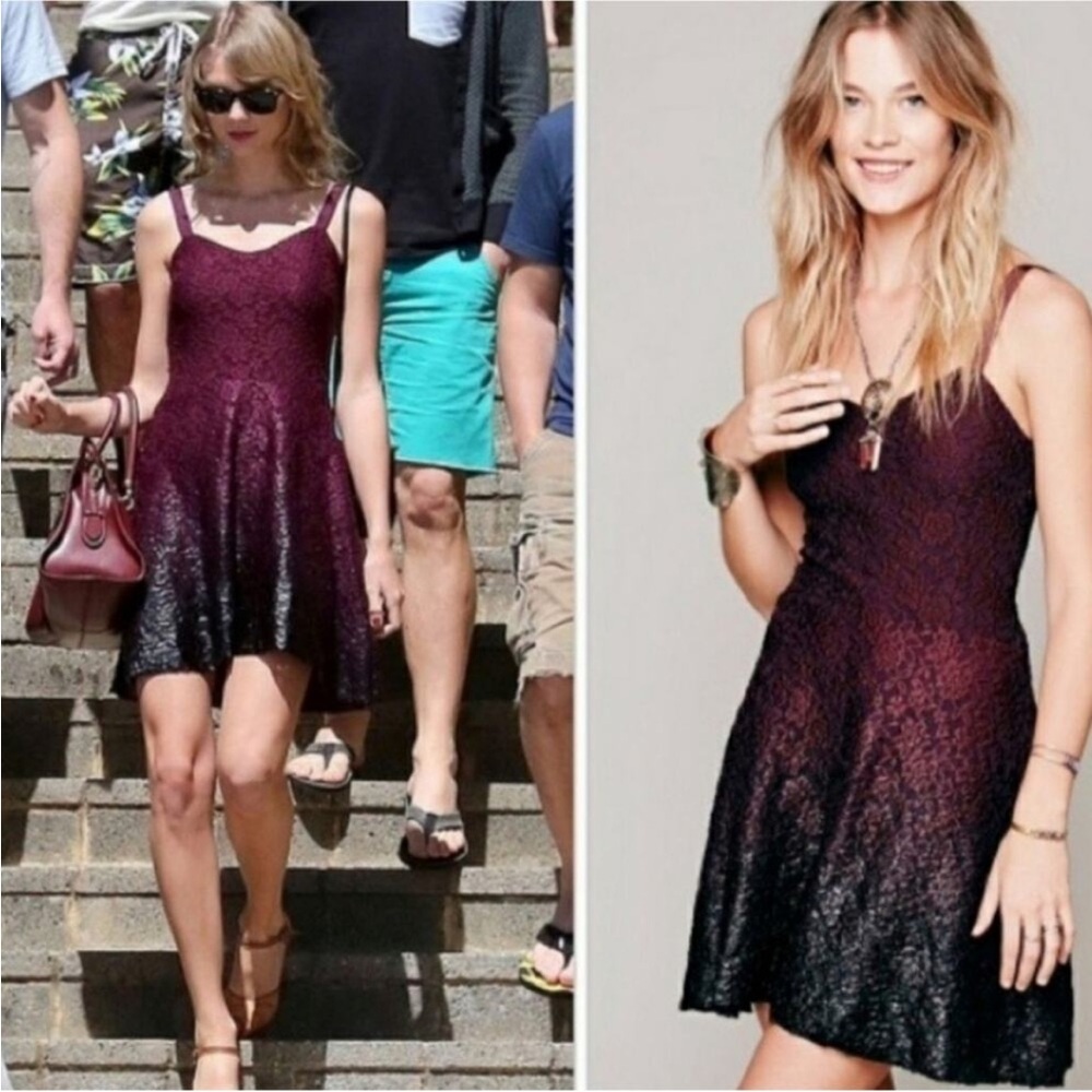 Free people vintage burgundy red floral lace wax ombré dress